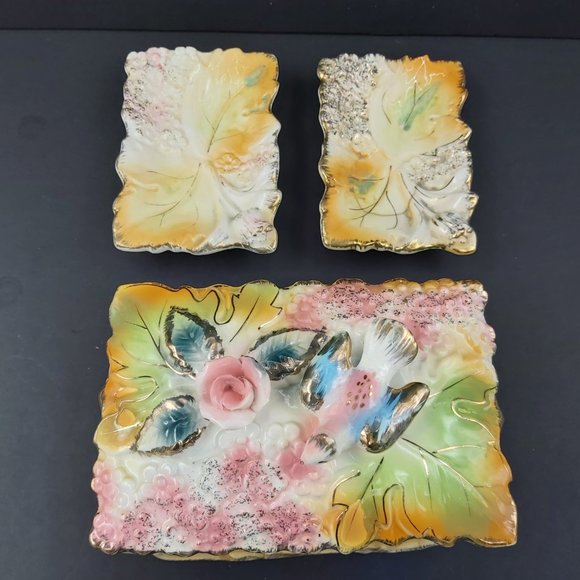 Porcelain Jewelry Trinket Box Gold Gilded with Matching Trays Bird Flower Leaves - Picture 9 of 16
